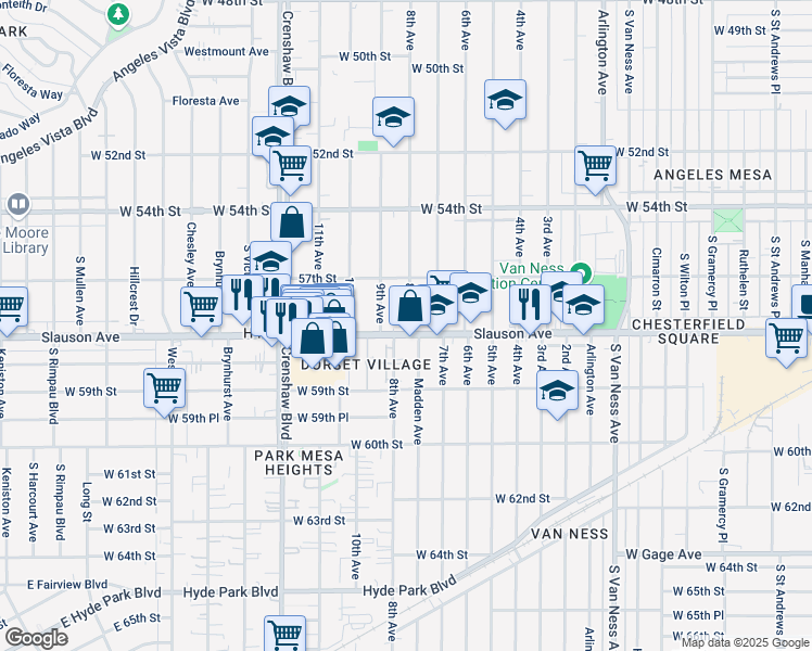 map of restaurants, bars, coffee shops, grocery stores, and more near 5755 8th Avenue in Los Angeles
