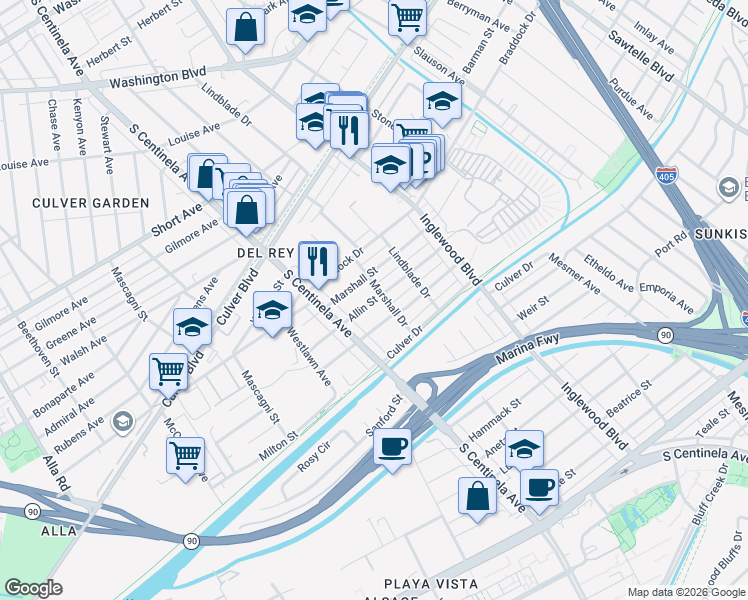 map of restaurants, bars, coffee shops, grocery stores, and more near Allin Street in Los Angeles