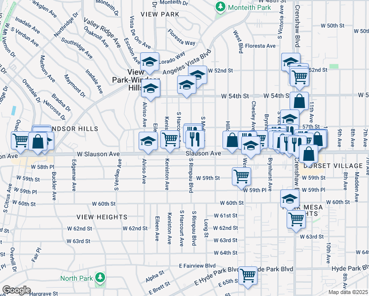 map of restaurants, bars, coffee shops, grocery stores, and more near 5729 South Harcourt Avenue in View Park-Windsor Hills
