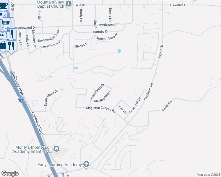 map of restaurants, bars, coffee shops, grocery stores, and more near 714 Knoll Crest Drive in Calimesa
