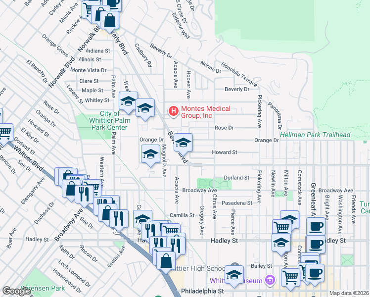 map of restaurants, bars, coffee shops, grocery stores, and more near 12031 Beverly Boulevard in Whittier