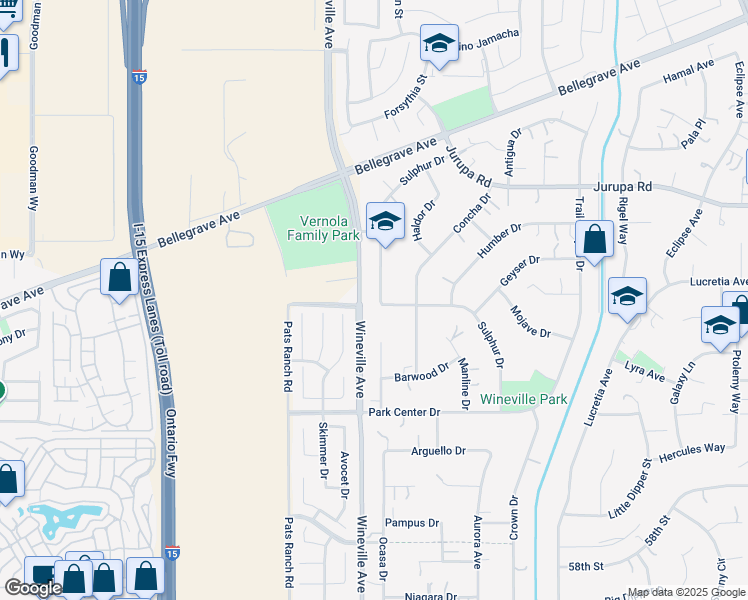 map of restaurants, bars, coffee shops, grocery stores, and more near 5337 Sulphur Drive in Jurupa Valley