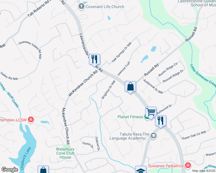 map of restaurants, bars, coffee shops, grocery stores, and more near 641 Brighton Drive Northwest in Lawrenceville