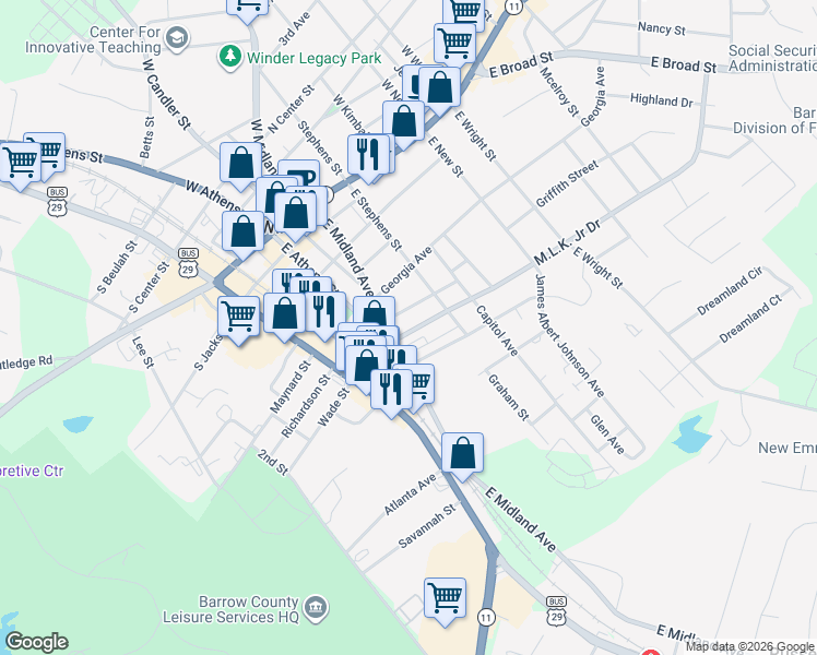 map of restaurants, bars, coffee shops, grocery stores, and more near 101 Griffith Street in Winder