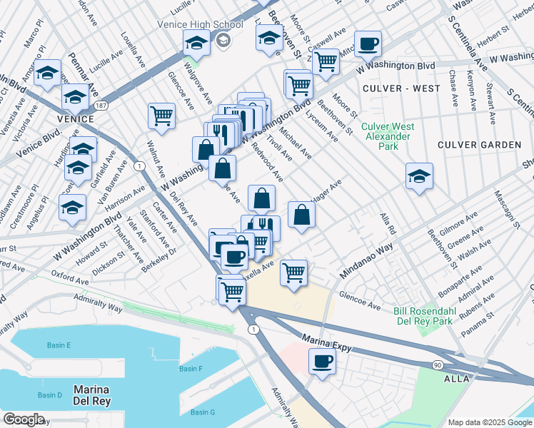 map of restaurants, bars, coffee shops, grocery stores, and more near 4140 Glencoe Avenue in Marina del Rey