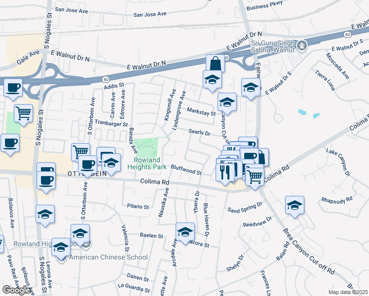 map of restaurants, bars, coffee shops, grocery stores, and more near 1449 Annadel Avenue in Rowland Heights