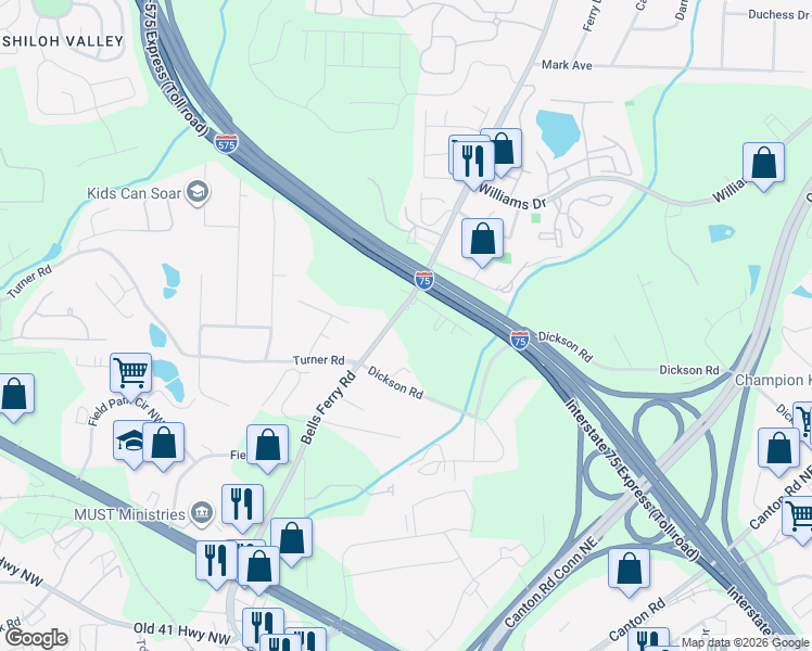 map of restaurants, bars, coffee shops, grocery stores, and more near 1579 Bells Ferry Road in Marietta