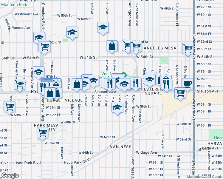 map of restaurants, bars, coffee shops, grocery stores, and more near 5729 4th Avenue in Los Angeles