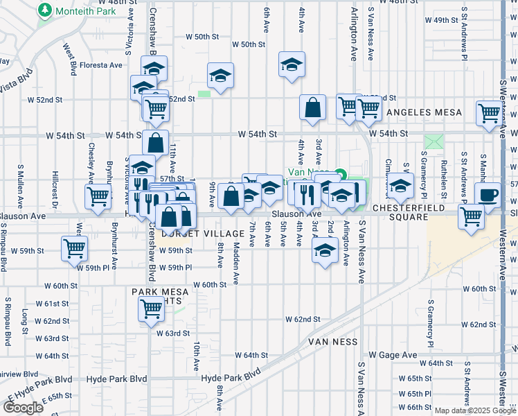 map of restaurants, bars, coffee shops, grocery stores, and more near 5730 7th Avenue in Los Angeles