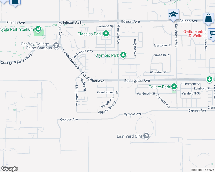map of restaurants, bars, coffee shops, grocery stores, and more near 6224 Princeton Street in Chino