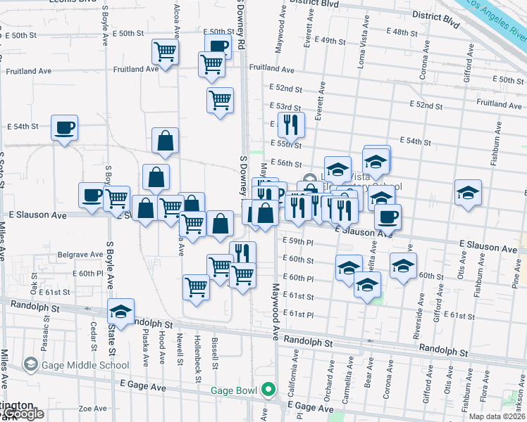 map of restaurants, bars, coffee shops, grocery stores, and more near 3503 East 58th Street in Maywood