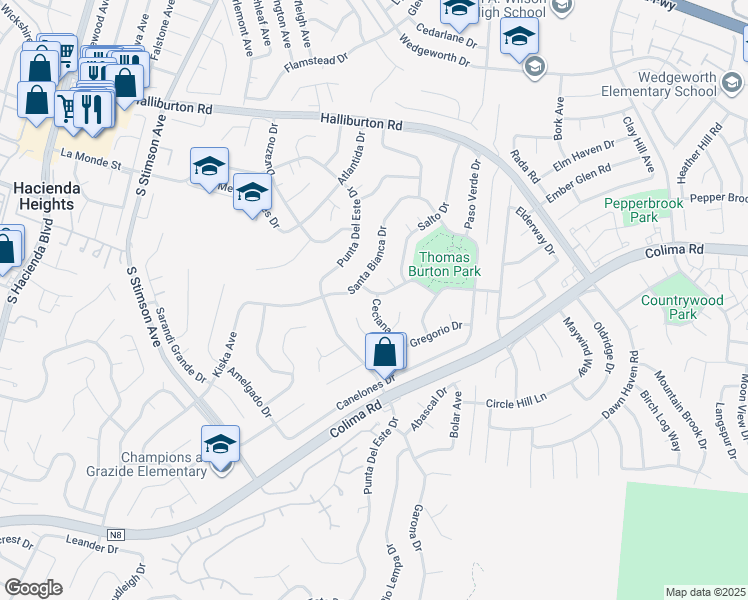 map of restaurants, bars, coffee shops, grocery stores, and more near 16322 Paseo De Rocha Drive in Hacienda Heights