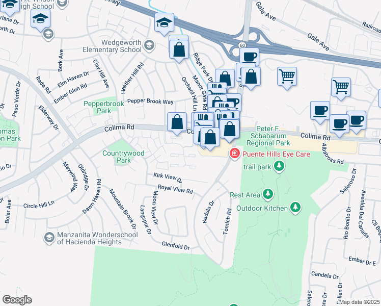 map of restaurants, bars, coffee shops, grocery stores, and more near 17016 Colima Road in Hacienda Heights