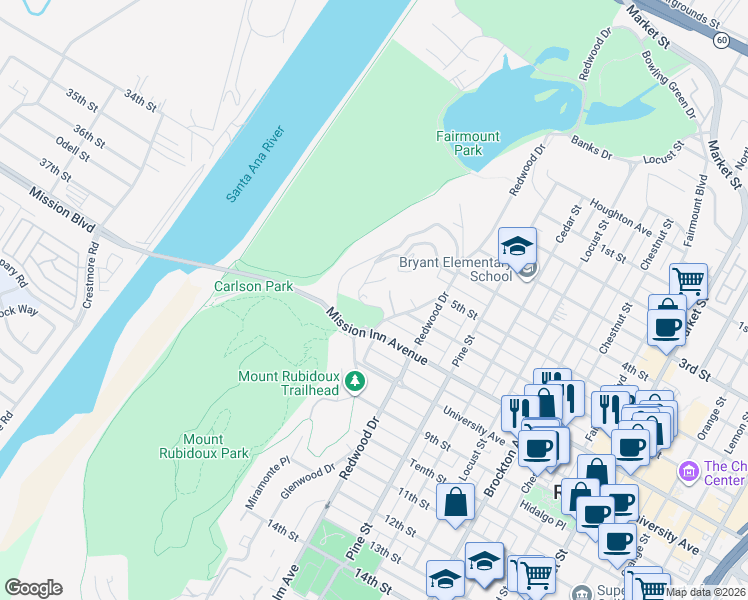 map of restaurants, bars, coffee shops, grocery stores, and more near 4670 Ladera Lane in Riverside