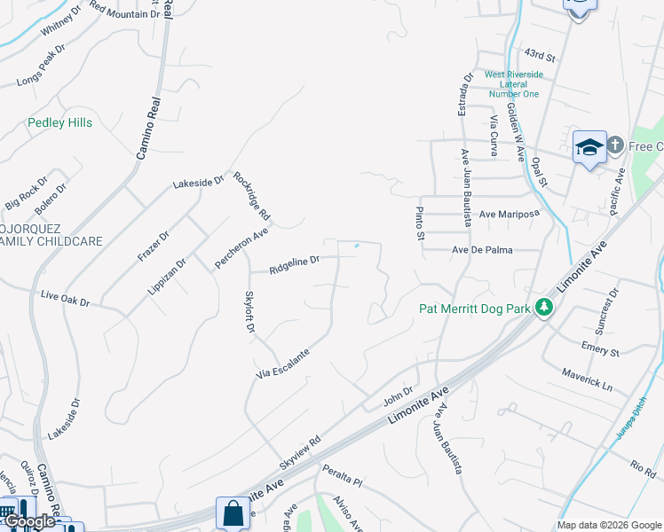 map of restaurants, bars, coffee shops, grocery stores, and more near 7185 Ridgeline Drive in Riverside