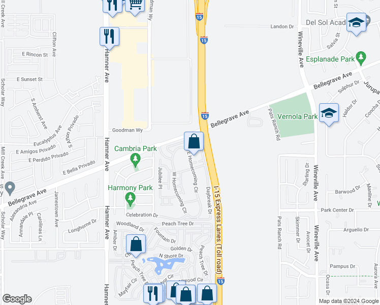 map of restaurants, bars, coffee shops, grocery stores, and more near 5464 East Homecoming Circle in Eastvale