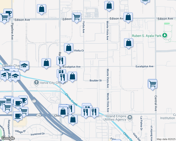 map of restaurants, bars, coffee shops, grocery stores, and more near 14525 Yorba Avenue in Chino