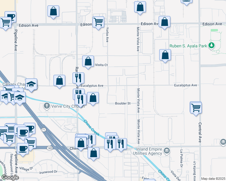 map of restaurants, bars, coffee shops, grocery stores, and more near 14525 Yorba Avenue in Chino