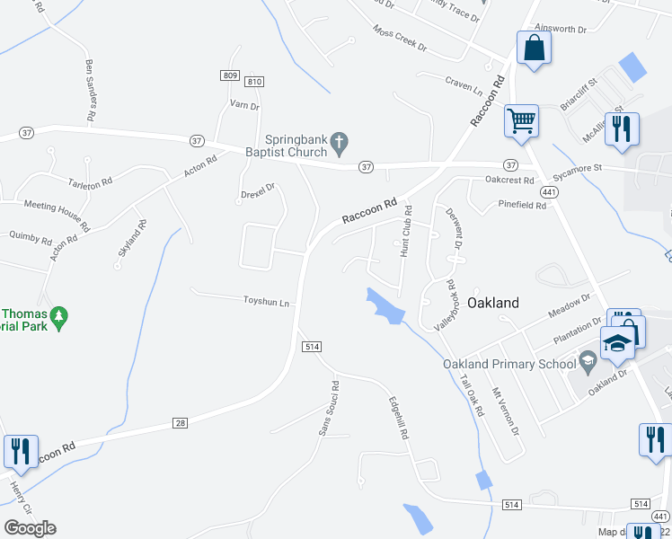 map of restaurants, bars, coffee shops, grocery stores, and more near 1 Springlake Court in Sumter