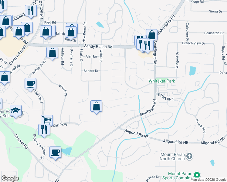 map of restaurants, bars, coffee shops, grocery stores, and more near 1368 Woodcutt Place in Marietta