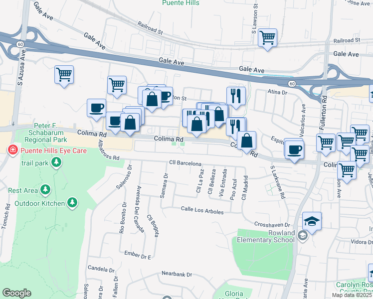 map of restaurants, bars, coffee shops, grocery stores, and more near 17800 Colima Road in Rowland Heights