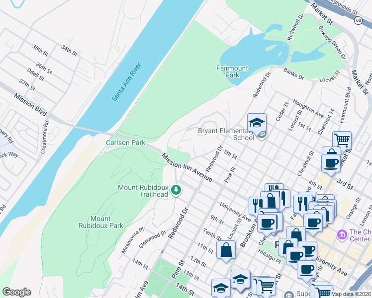 map of restaurants, bars, coffee shops, grocery stores, and more near 4670 Ladera Lane in Riverside