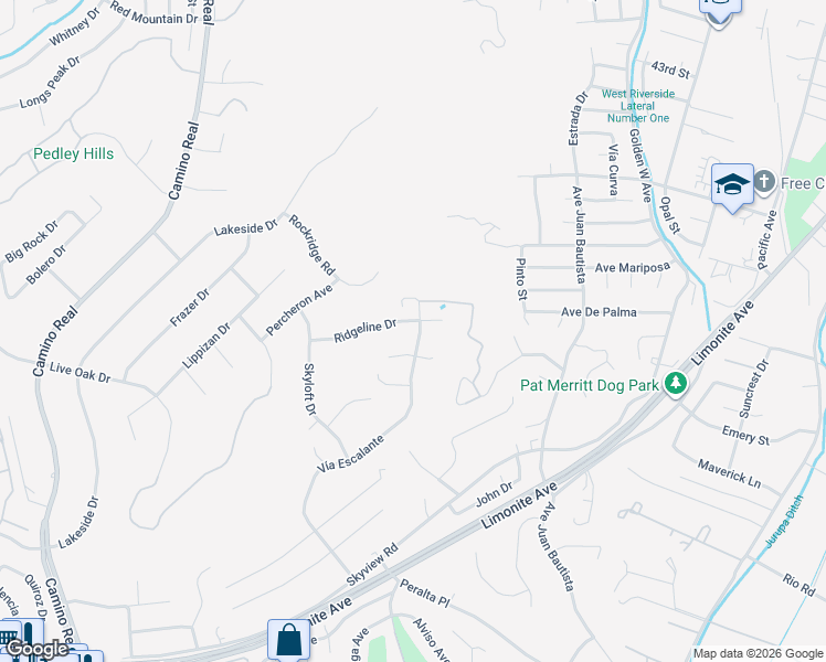 map of restaurants, bars, coffee shops, grocery stores, and more near 7185 Ridgeline Drive in Riverside