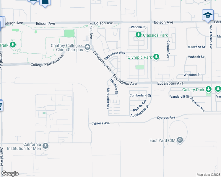 map of restaurants, bars, coffee shops, grocery stores, and more near 14509 Marquette Avenue in Chino