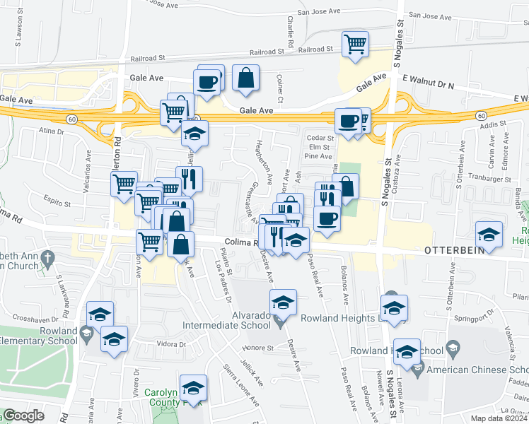 map of restaurants, bars, coffee shops, grocery stores, and more near 18702 Greengate Street in Rowland Heights
