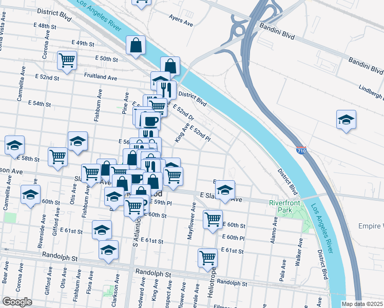 map of restaurants, bars, coffee shops, grocery stores, and more near 4627 East 56th Street in Maywood