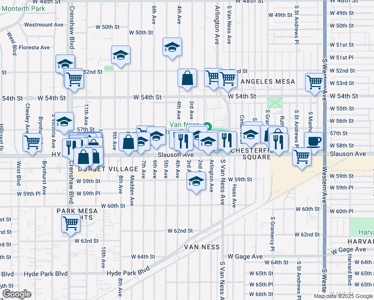 map of restaurants, bars, coffee shops, grocery stores, and more near 5729 4th Avenue in Los Angeles