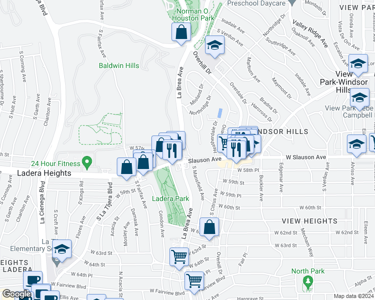 map of restaurants, bars, coffee shops, grocery stores, and more near 5627 Arch Crest Drive in View Park-Windsor Hills