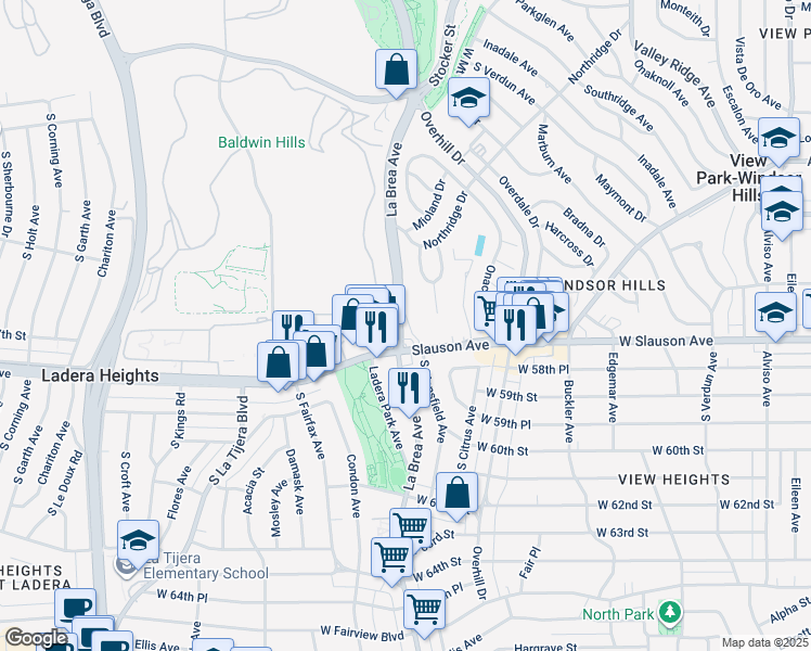 map of restaurants, bars, coffee shops, grocery stores, and more near 5638 South La Brea Avenue in Los Angeles