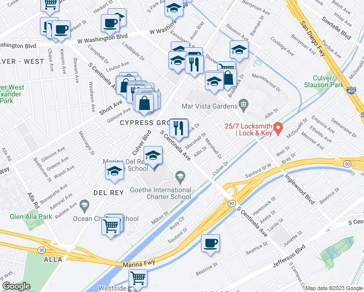 map of restaurants, bars, coffee shops, grocery stores, and more near 12371 Braddock Drive in Culver City