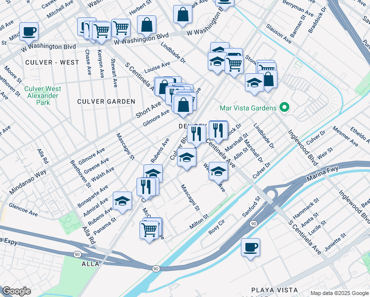 map of restaurants, bars, coffee shops, grocery stores, and more near 12445 Culver Boulevard in Los Angeles