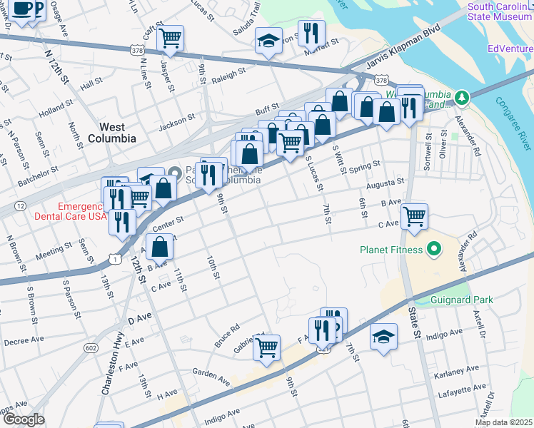 map of restaurants, bars, coffee shops, grocery stores, and more near 766 Augusta Street in West Columbia