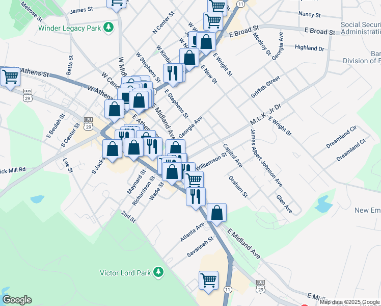 map of restaurants, bars, coffee shops, grocery stores, and more near 74 Martin Luther King Jr Drive in Winder