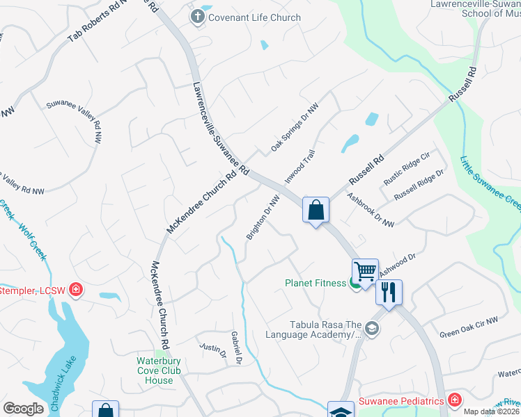 map of restaurants, bars, coffee shops, grocery stores, and more near 641 Brighton Drive Northwest in Lawrenceville