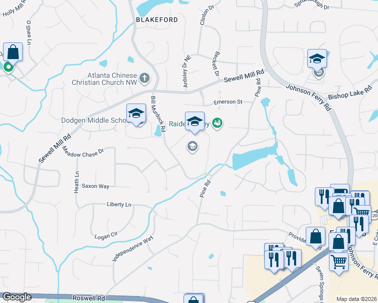 map of restaurants, bars, coffee shops, grocery stores, and more near 1650 Bill Murdock Road in Marietta