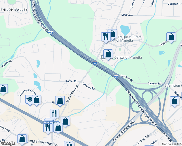map of restaurants, bars, coffee shops, grocery stores, and more near 1550 Bells Ferry Road in Marietta