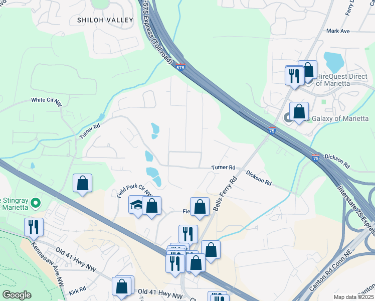map of restaurants, bars, coffee shops, grocery stores, and more near Lancaster Drive in Marietta