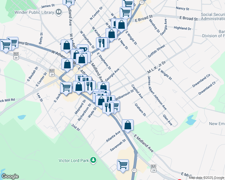 map of restaurants, bars, coffee shops, grocery stores, and more near 74 Martin Luther King Jr Drive in Winder