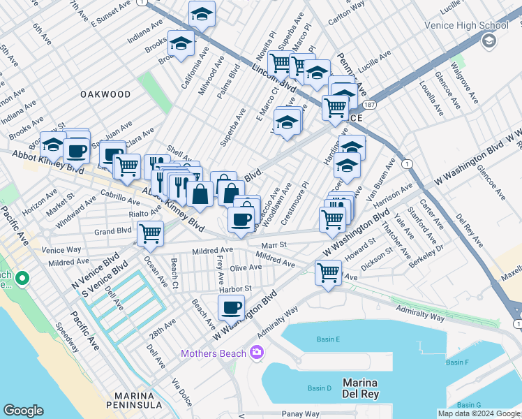 map of restaurants, bars, coffee shops, grocery stores, and more near 609 Boccaccio Avenue in Los Angeles