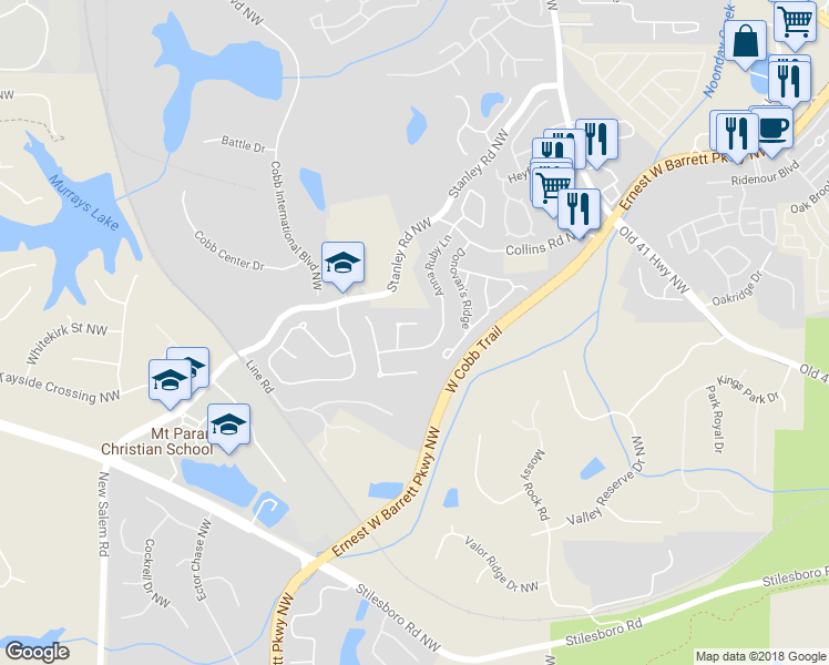 map of restaurants, bars, coffee shops, grocery stores, and more near 1444 Lady Slipper Court Northwest in Kennesaw