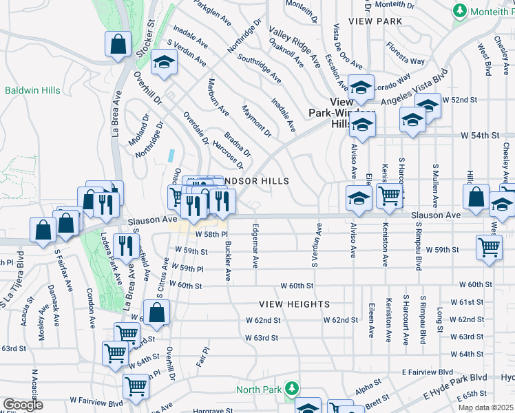 map of restaurants, bars, coffee shops, grocery stores, and more near 5632 1/2 Edgemar Avenue in View Park-Windsor Hills