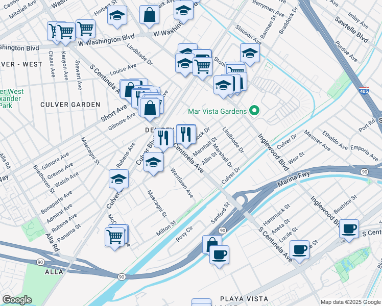 map of restaurants, bars, coffee shops, grocery stores, and more near 12345 Marshall Street in Culver City