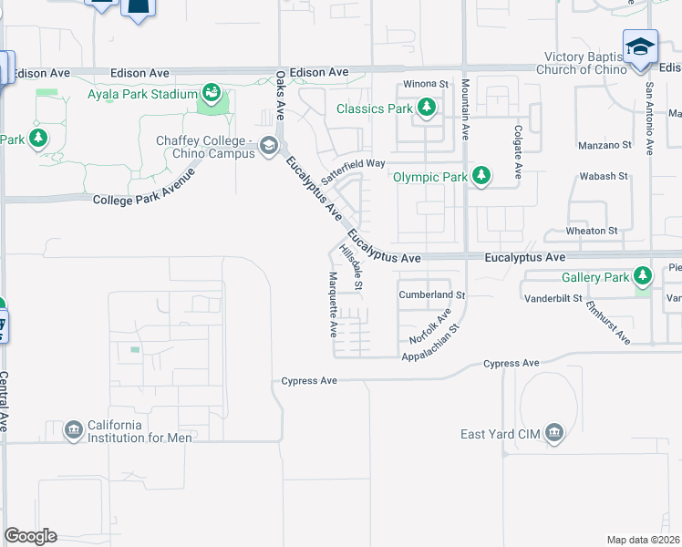 map of restaurants, bars, coffee shops, grocery stores, and more near 14537 Marquette Avenue in Chino