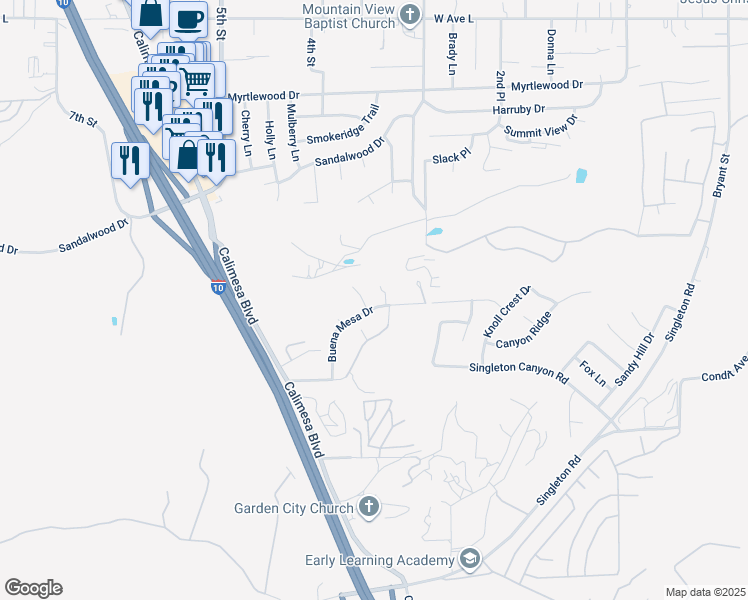 map of restaurants, bars, coffee shops, grocery stores, and more near 35130 Buena Mesa Drive in Calimesa