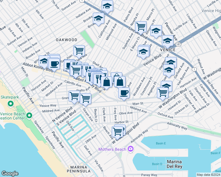 map of restaurants, bars, coffee shops, grocery stores, and more near 595 Venice Boulevard in Los Angeles