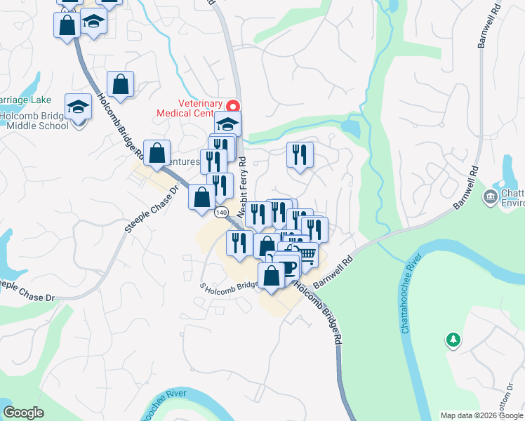 map of restaurants, bars, coffee shops, grocery stores, and more near 8590 Colony Club Drive in Alpharetta